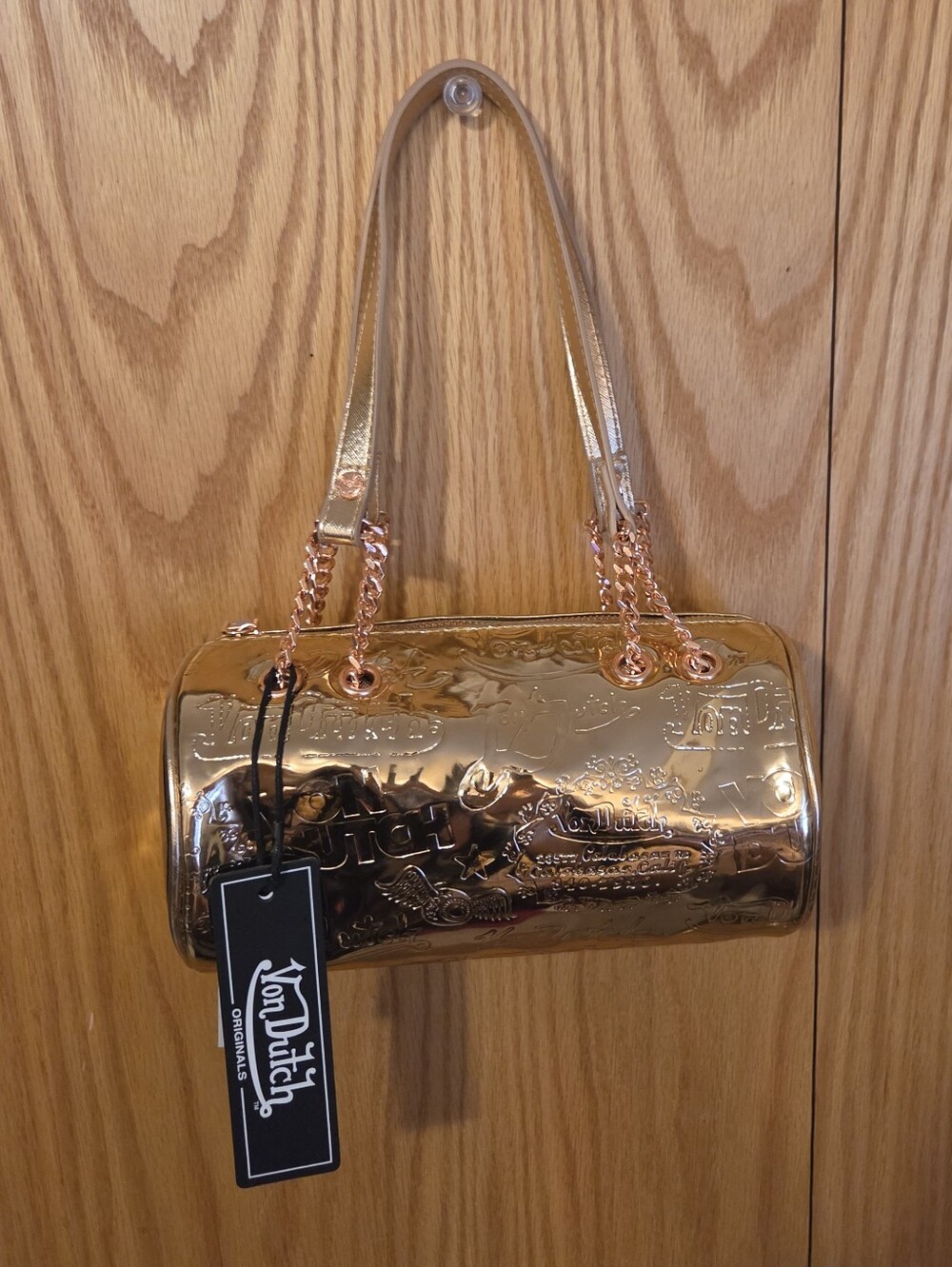 Von Dutch Metallic Rose Gold Mini Barrel Bag with Chain Straps